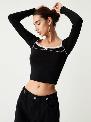 Contrast Trim Lace Trendy Long Sleeve Crop Top