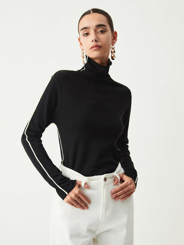 Contrast Piping Turtleneck Trendy Long Sleeve Top