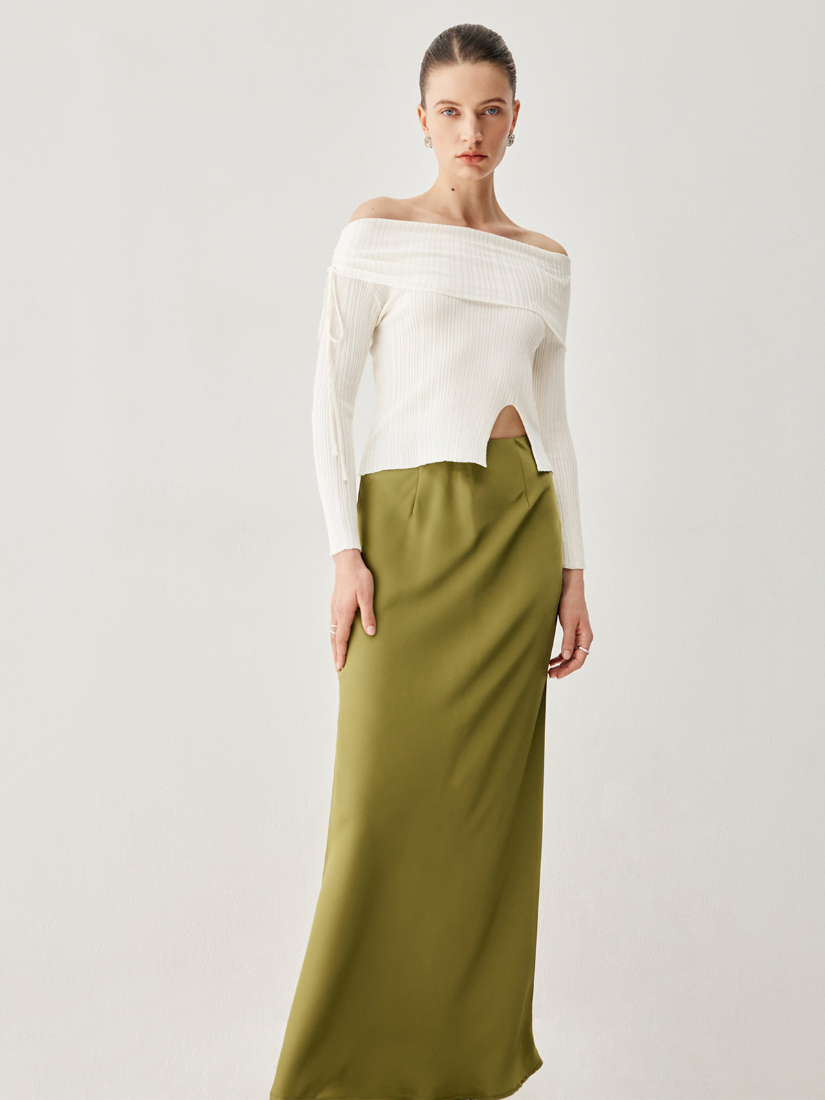 Drawstring Overfold Off Shoulder Modern Slit Ribbed Knit Top