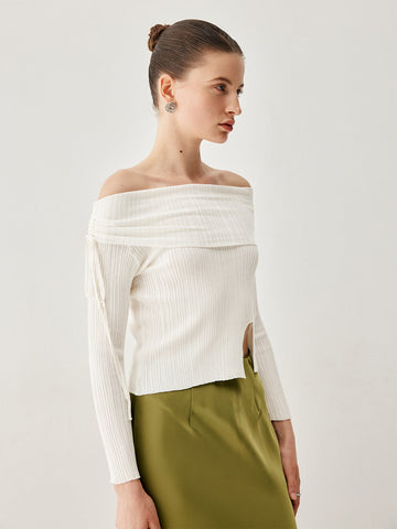 Drawstring Overfold Off Shoulder Modern Slit Ribbed Knit Top