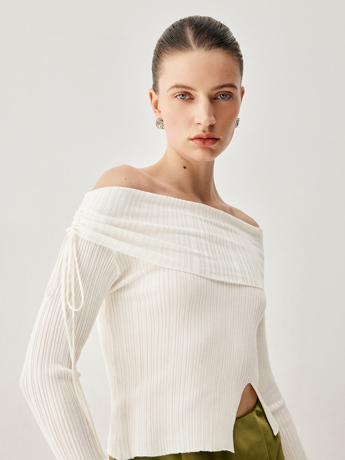 Drawstring Overfold Off Shoulder Modern Slit Ribbed Knit Top