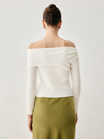 Drawstring Overfold Off Shoulder Modern Slit Ribbed Knit Top