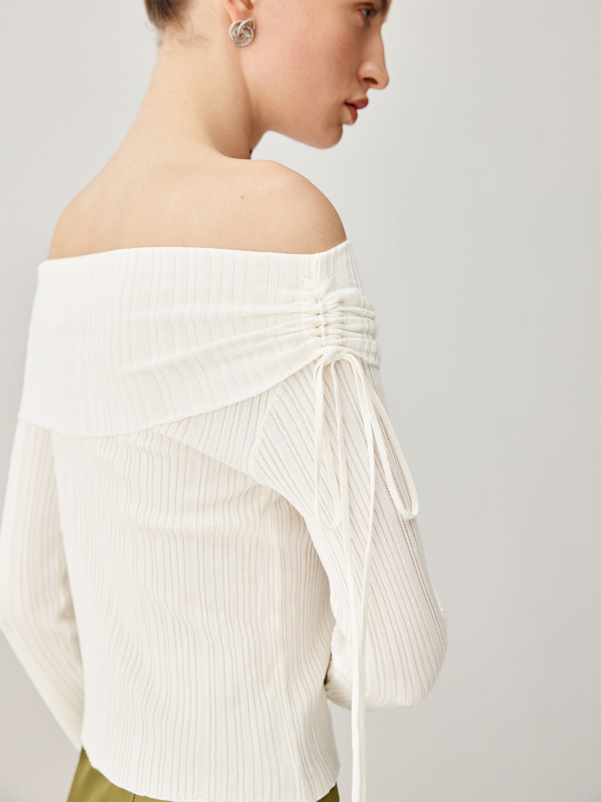 Drawstring Overfold Off Shoulder Modern Slit Ribbed Knit Top