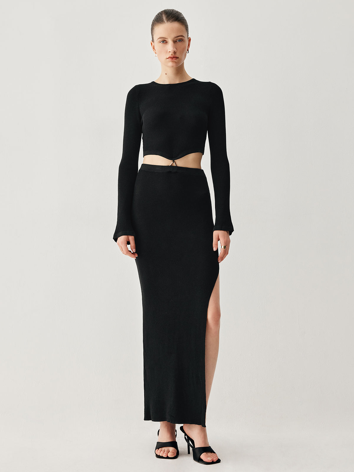Slinky Long Sleeve Knit Modern Two Piece Slit Skirt Set