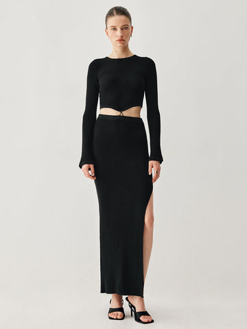 Slinky Long Sleeve Knit Modern Two Piece Slit Skirt Set