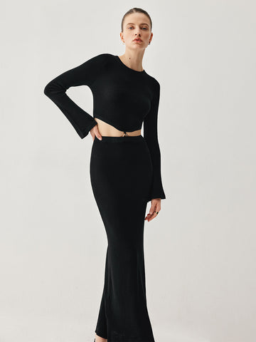 Slinky Long Sleeve Knit Modern Two Piece Slit Skirt Set