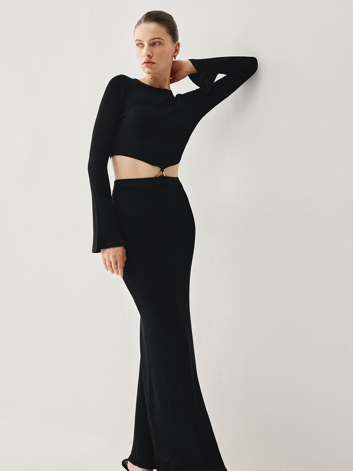 Slinky Long Sleeve Knit Modern Two Piece Slit Skirt Set