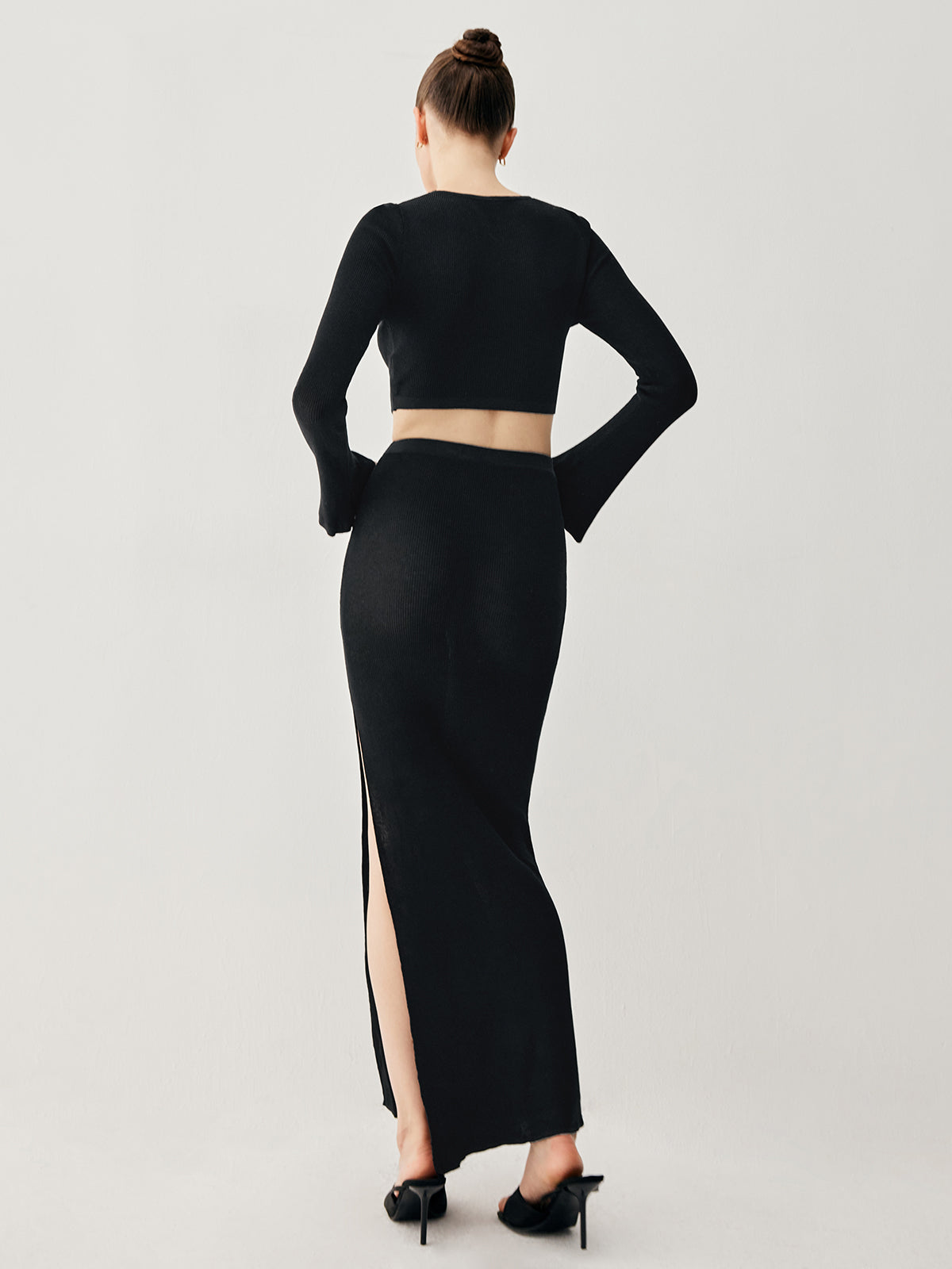 Slinky Long Sleeve Knit Modern Two Piece Slit Skirt Set