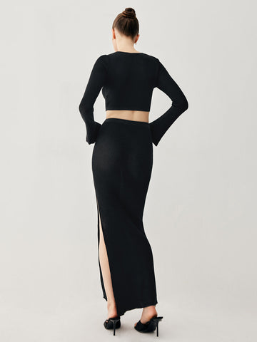 Slinky Long Sleeve Knit Modern Two Piece Slit Skirt Set