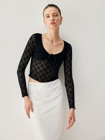 Cup Detail Floral Lace Modern Long Sleeve Crop Top