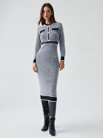 Contrast Trim Herringbone Trendy Bodycon Sweater Midi Dress