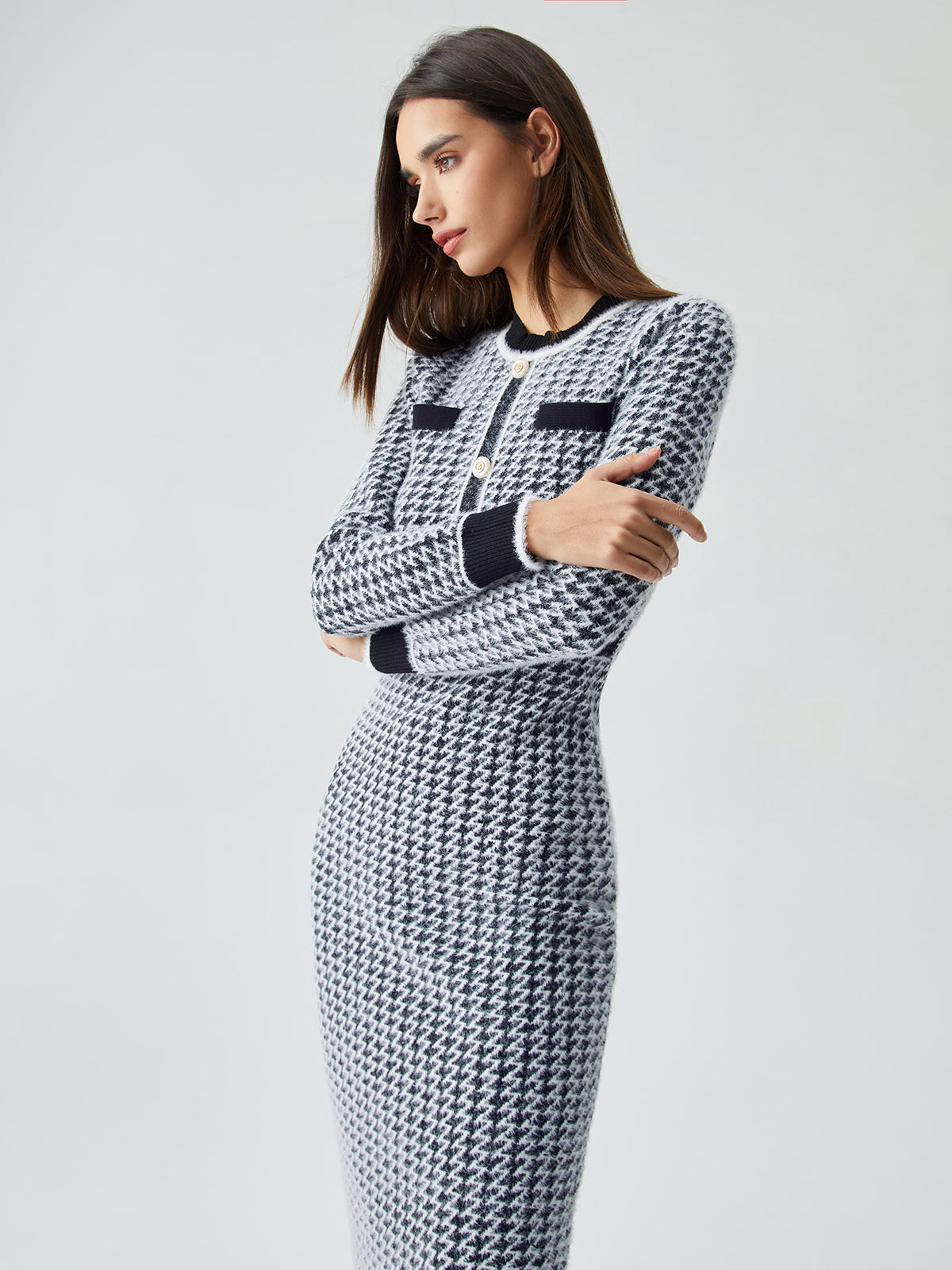 Contrast Trim Herringbone Trendy Bodycon Sweater Midi Dress