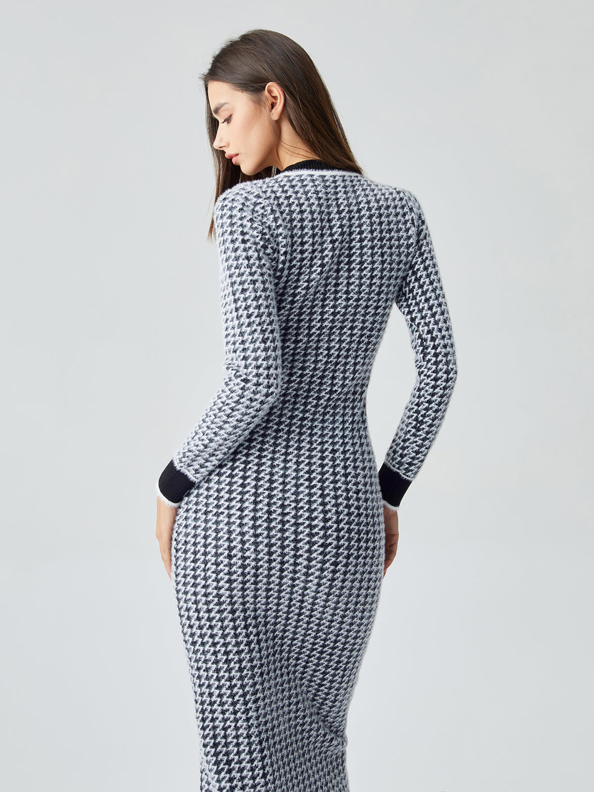 Contrast Trim Herringbone Trendy Bodycon Sweater Midi Dress