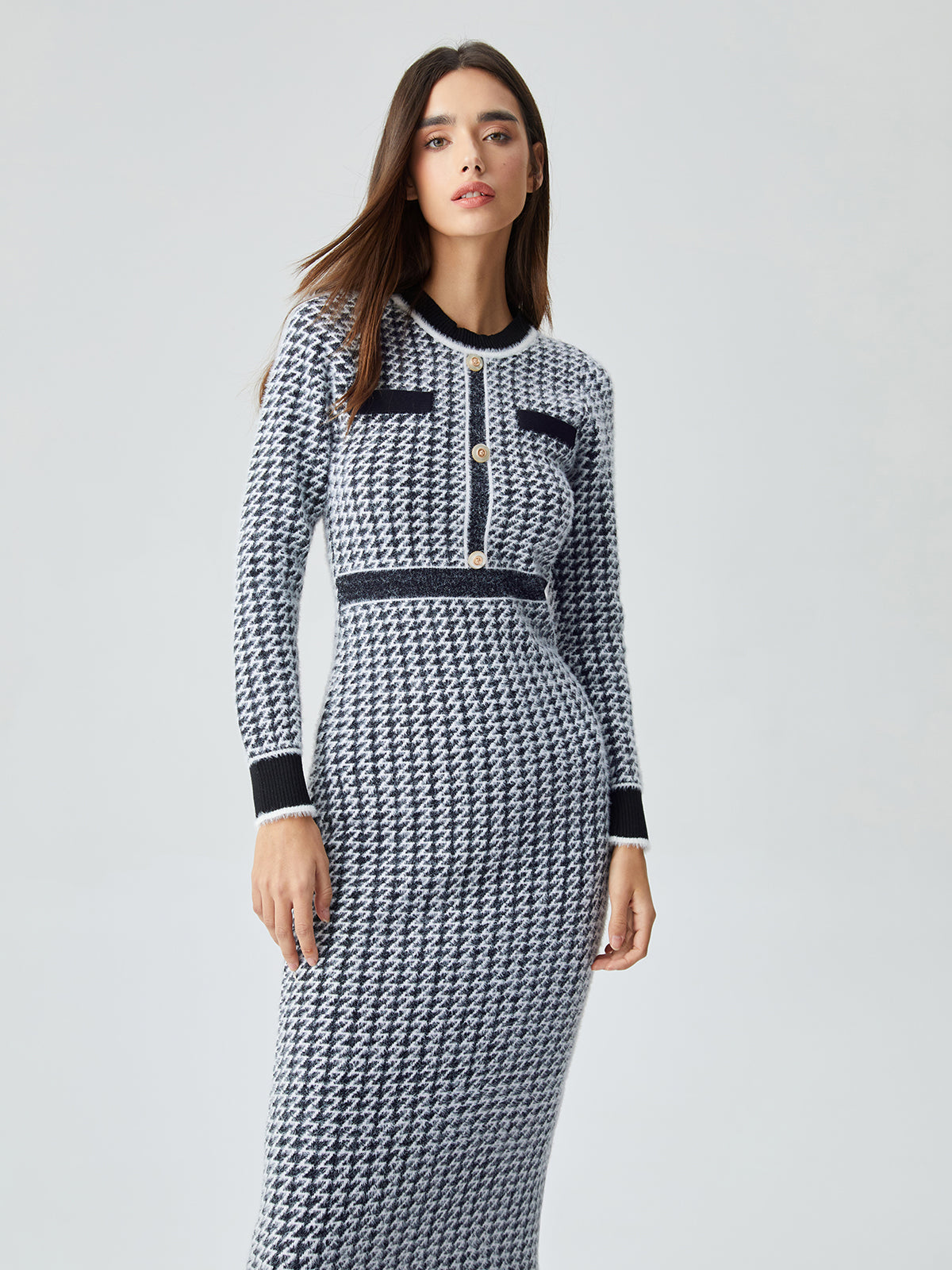 Contrast Trim Herringbone Trendy Bodycon Sweater Midi Dress