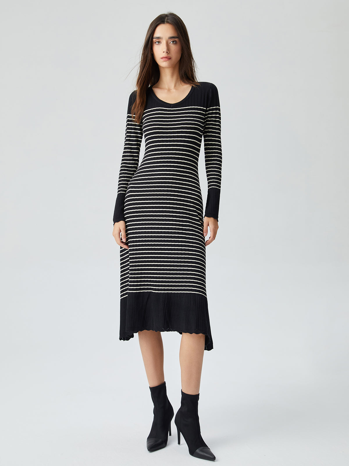 Contrast Trim Striped Crew Modern Neck Knit Sweater Dress