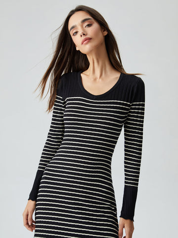 Contrast Trim Striped Crew Modern Neck Knit Sweater Dress