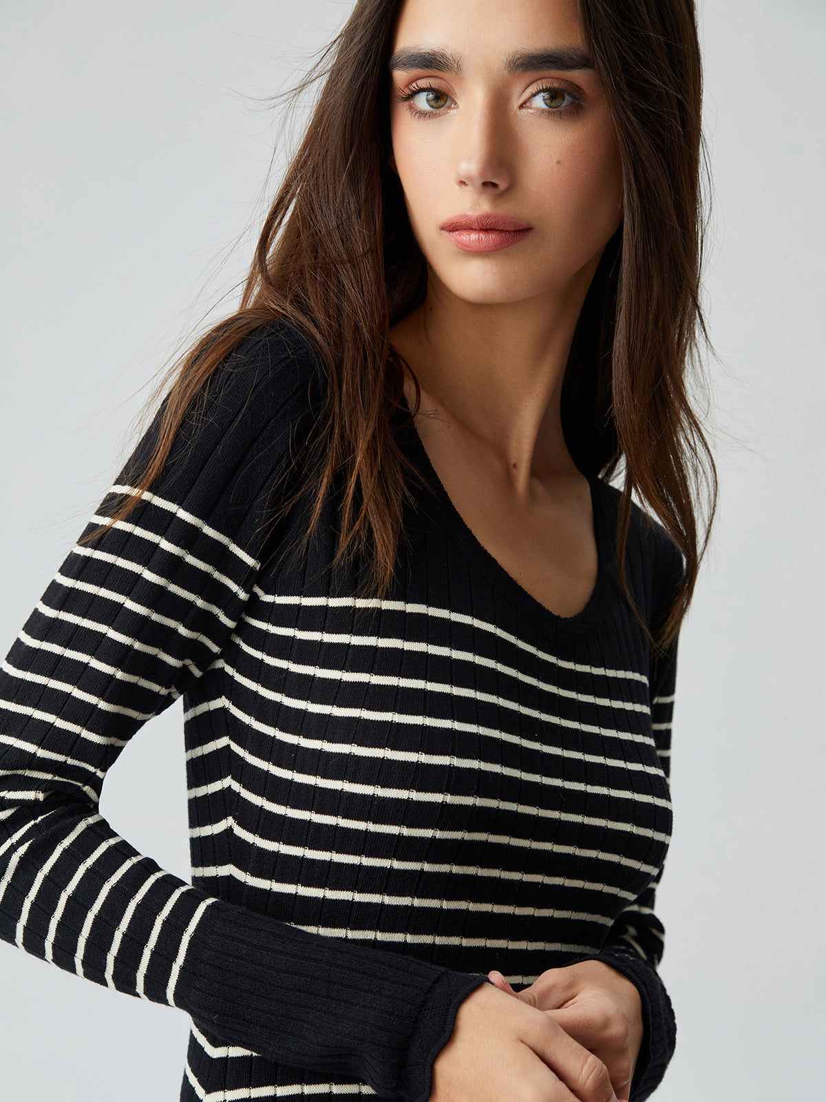 Contrast Trim Striped Crew Modern Neck Knit Sweater Dress