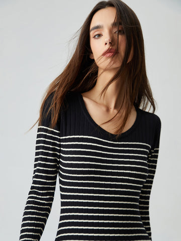 Contrast Trim Striped Crew Modern Neck Knit Sweater Dress