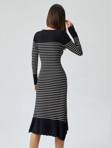 Contrast Trim Striped Crew Modern Neck Knit Sweater Dress