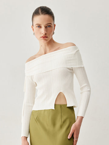 Drawstring Overfold Off Shoulder Modern Slit Ribbed Knit Top