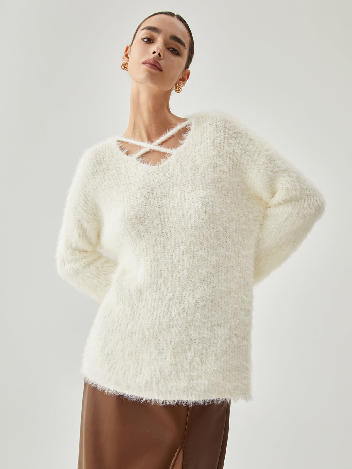 Fluffy V-Neck Graceful Criss Cross Sweater