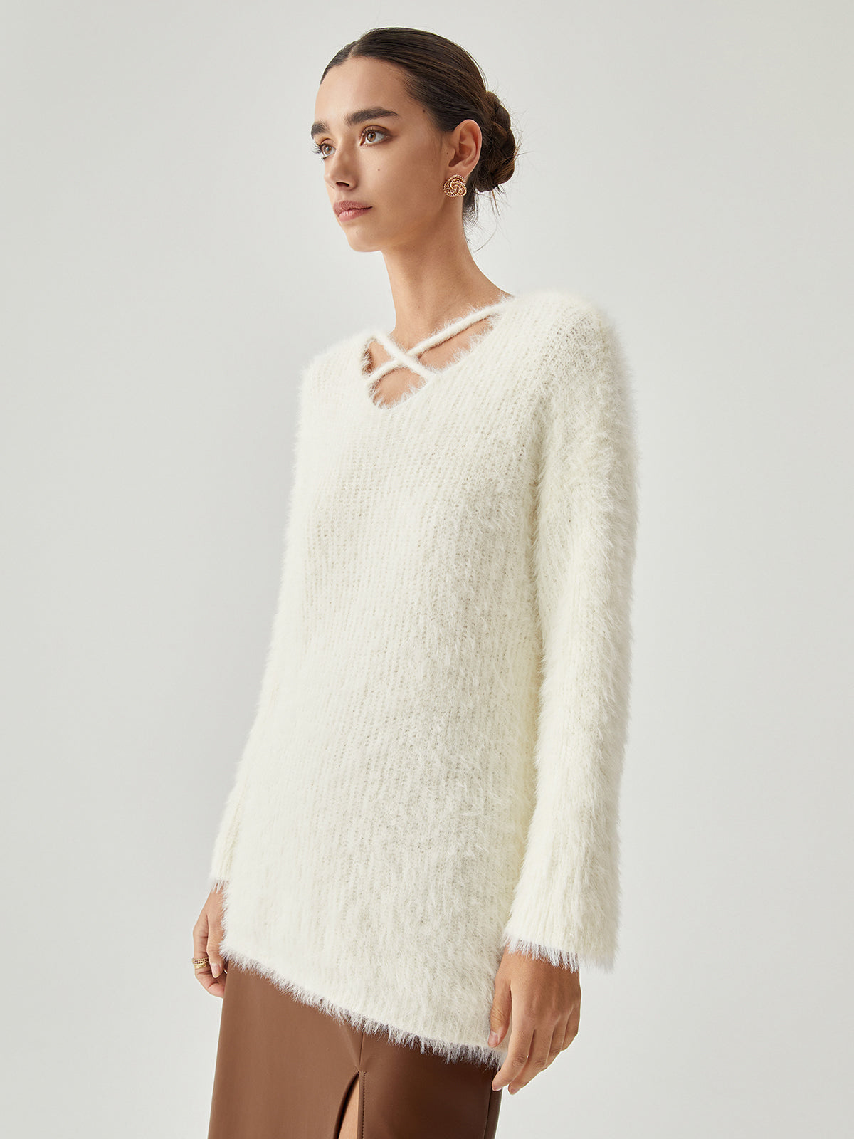 Fluffy V-Neck Graceful Criss Cross Sweater