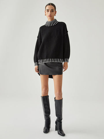 Contrast Stitch Graceful Mock Neck Sweater