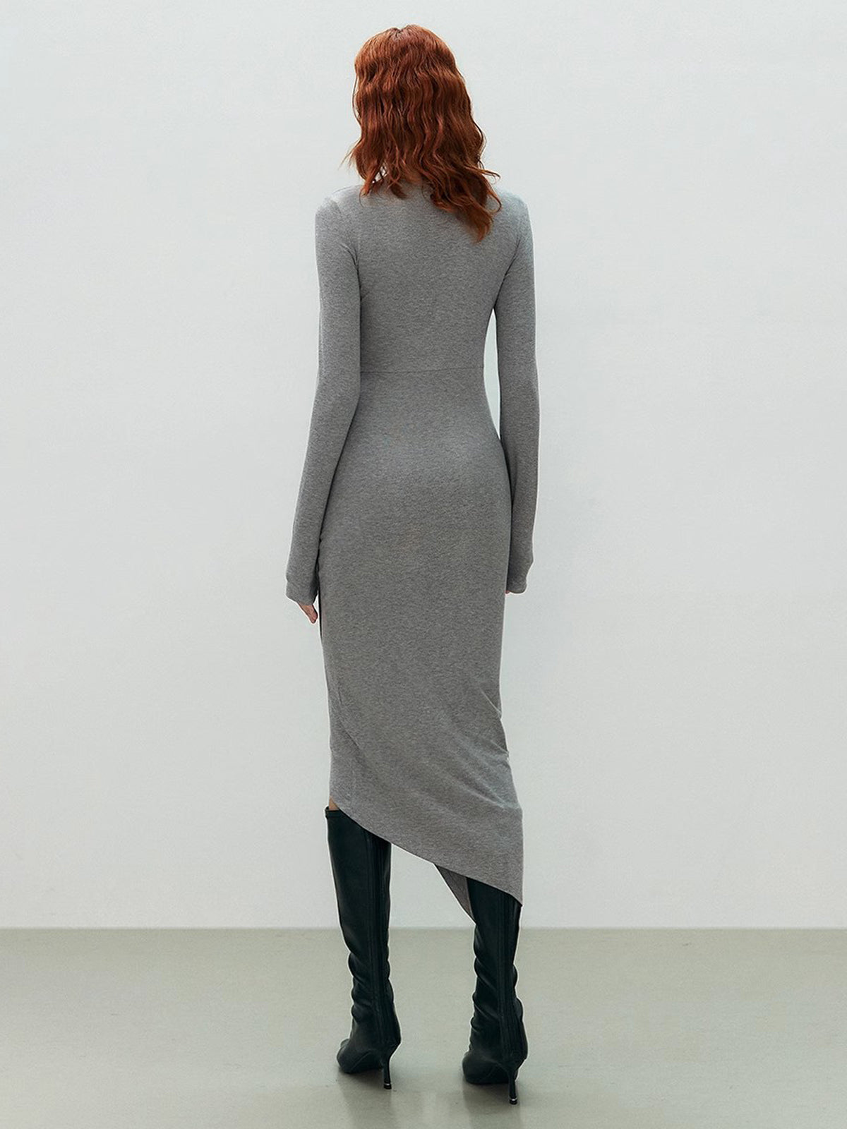 Asymmetrical Draped Cutout Crew Neck Classic Long Sleeve Midi Knit Dress