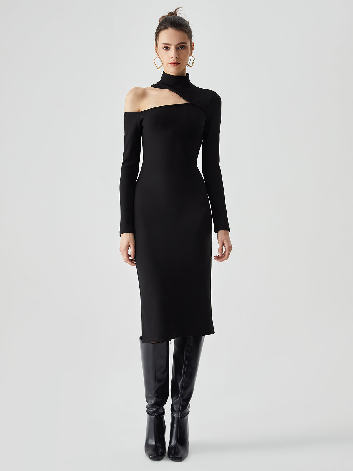 Stand Collar Asymmetrical Trendy Shoulder Slit Midi Dress