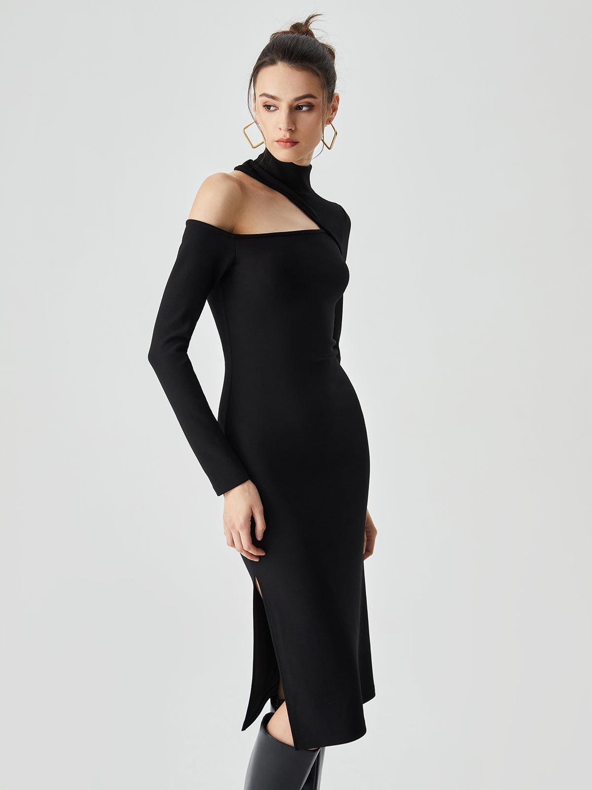 Stand Collar Asymmetrical Trendy Shoulder Slit Midi Dress