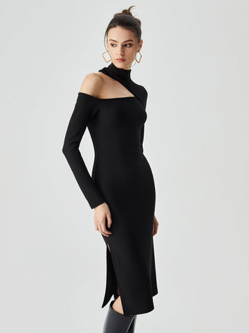 Stand Collar Asymmetrical Trendy Shoulder Slit Midi Dress