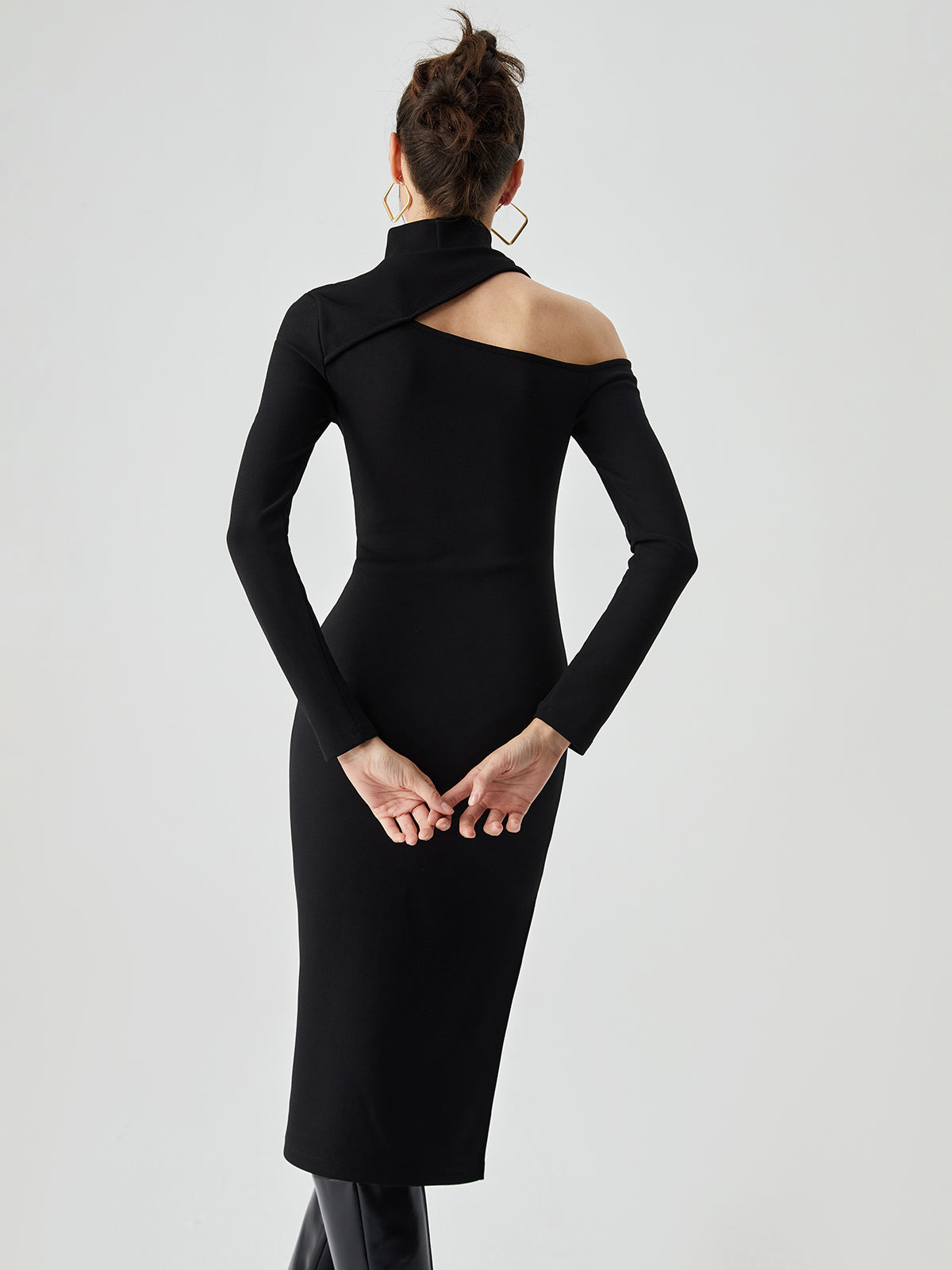 Stand Collar Asymmetrical Trendy Shoulder Slit Midi Dress