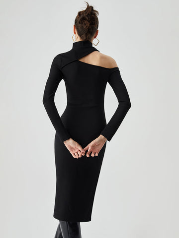 Stand Collar Asymmetrical Trendy Shoulder Slit Midi Dress