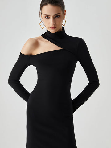 Stand Collar Asymmetrical Trendy Shoulder Slit Midi Dress