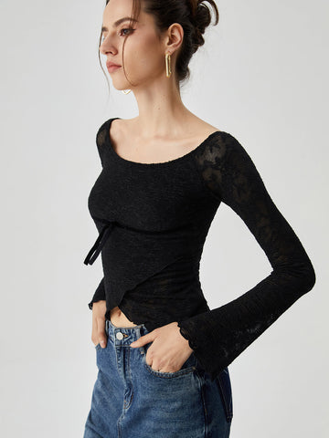 Jacquard Lace Semi-sheer Trendy Bowknot Crossover Blouse