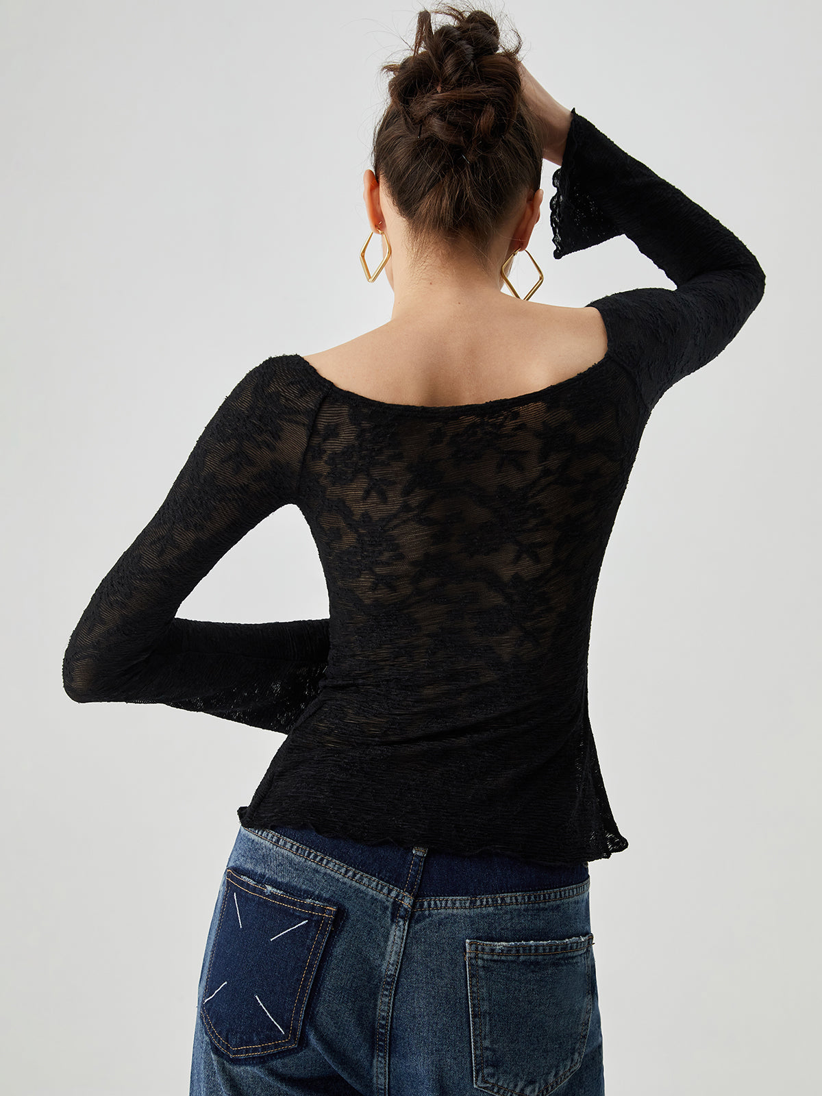 Jacquard Lace Semi-sheer Trendy Bowknot Crossover Blouse