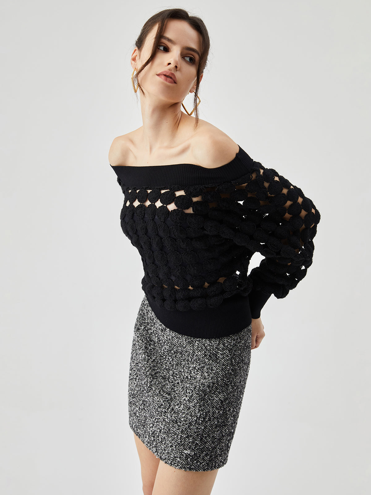 Crocheted Circle Hollow Trendy Off Shoulder Blouse