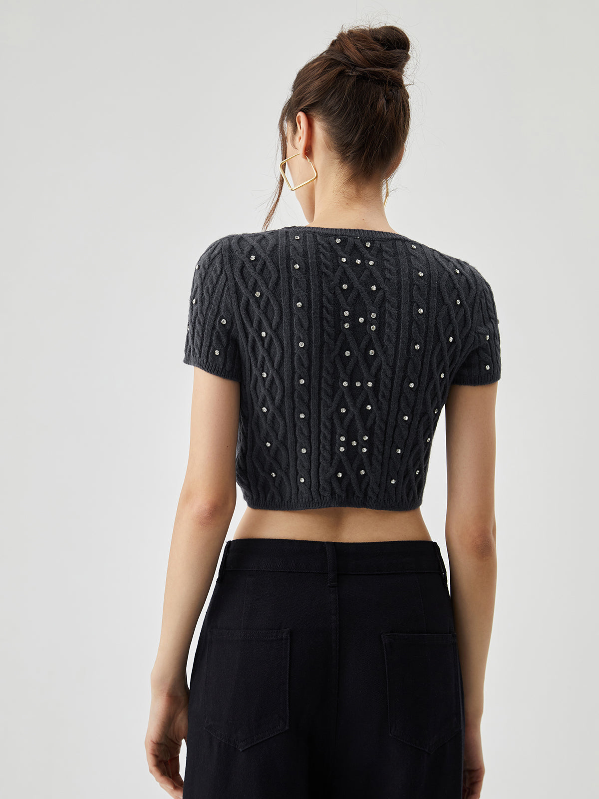 Rhinestones Decor Cable Trendy Knit Crop Top