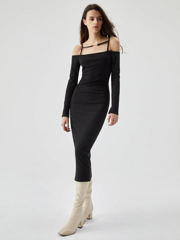 Off Shoulder Long Sleeve Modern Knit Cami Midi Dress