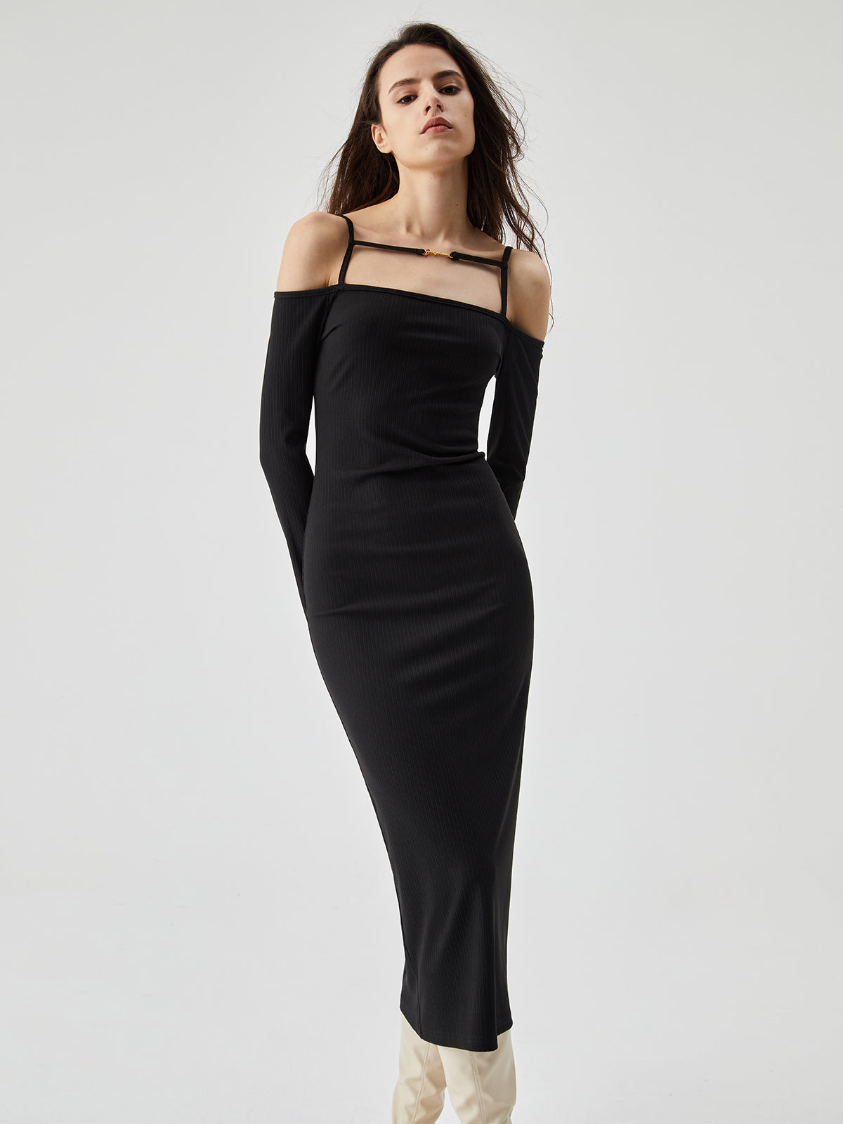 Off Shoulder Long Sleeve Modern Knit Cami Midi Dress