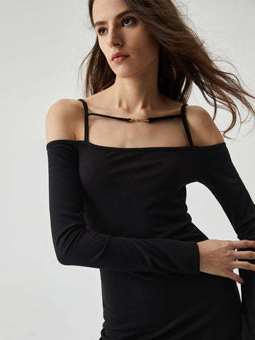 Off Shoulder Long Sleeve Modern Knit Cami Midi Dress