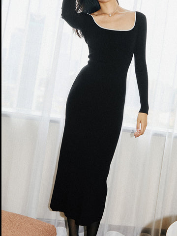 Contrast Trim Low Trendy Cut Knit Long Dress