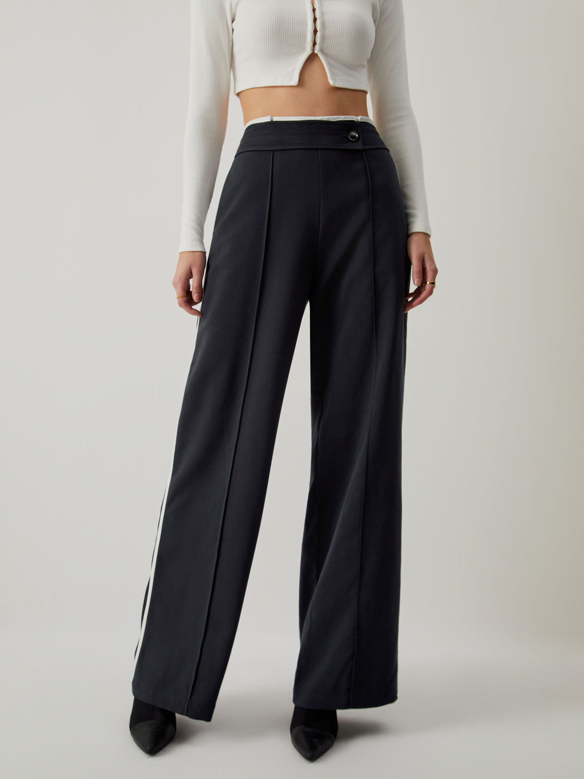 High Waist Contrast Trendy Trim Wide Leg Pants