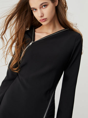 Asymmetrical Neck Zippered Split Modern Long Sleeve Midi Dress