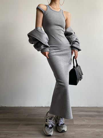 Asymmetrical Crew Neck Trendy Split Maxi Dress