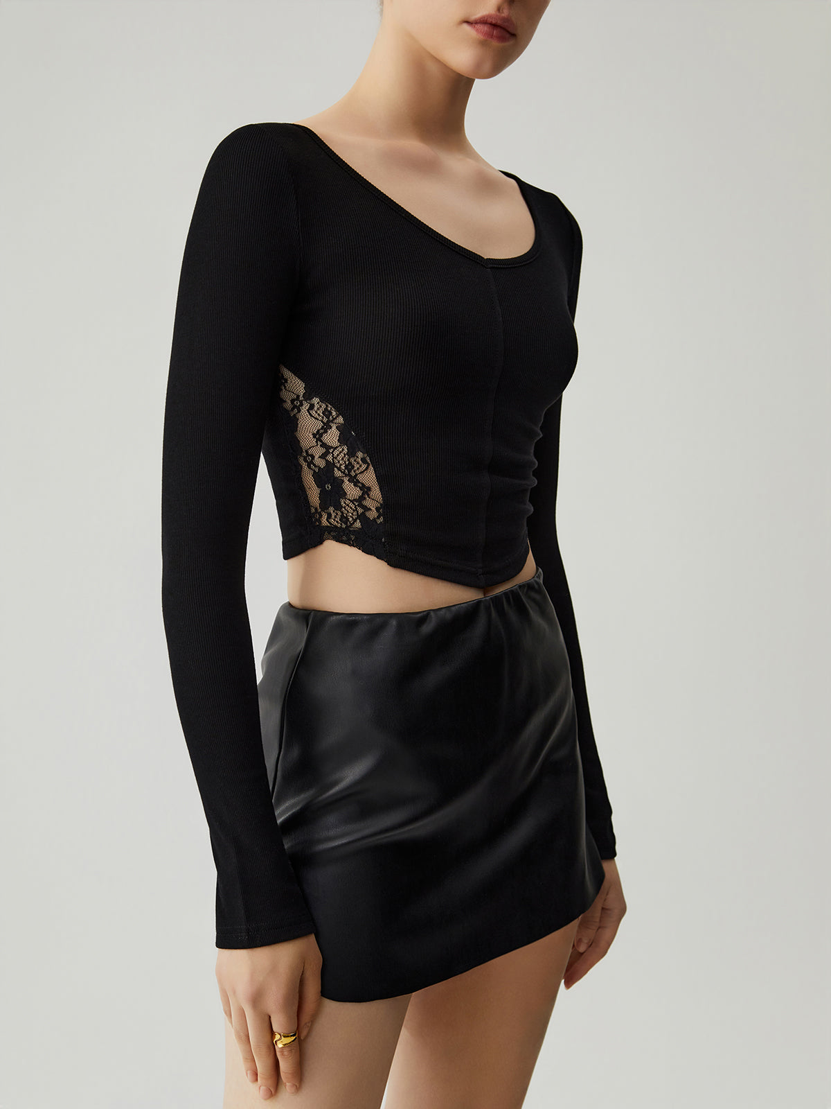 Patchwork Lace Back Ribbed Modern Knit Long Sleeve Crop Top