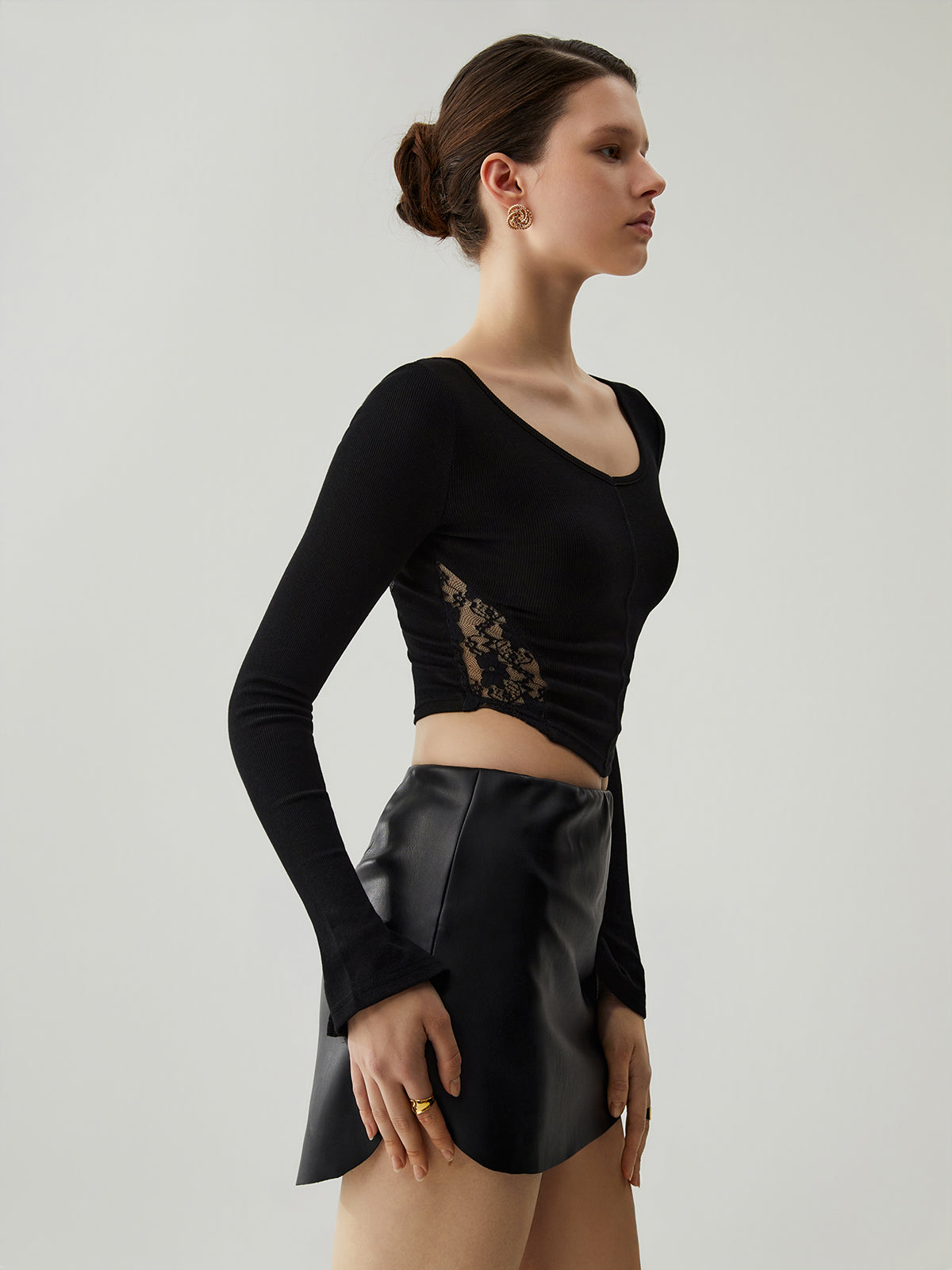 Patchwork Lace Back Ribbed Modern Knit Long Sleeve Crop Top