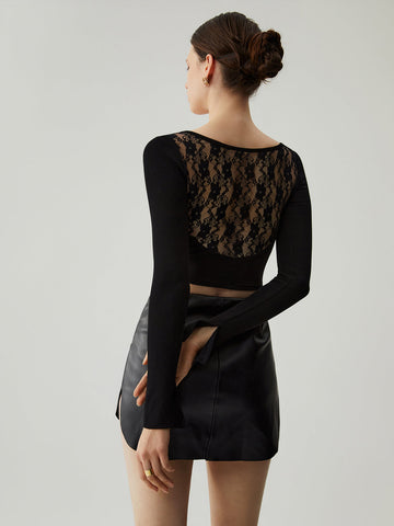 Patchwork Lace Back Ribbed Modern Knit Long Sleeve Crop Top