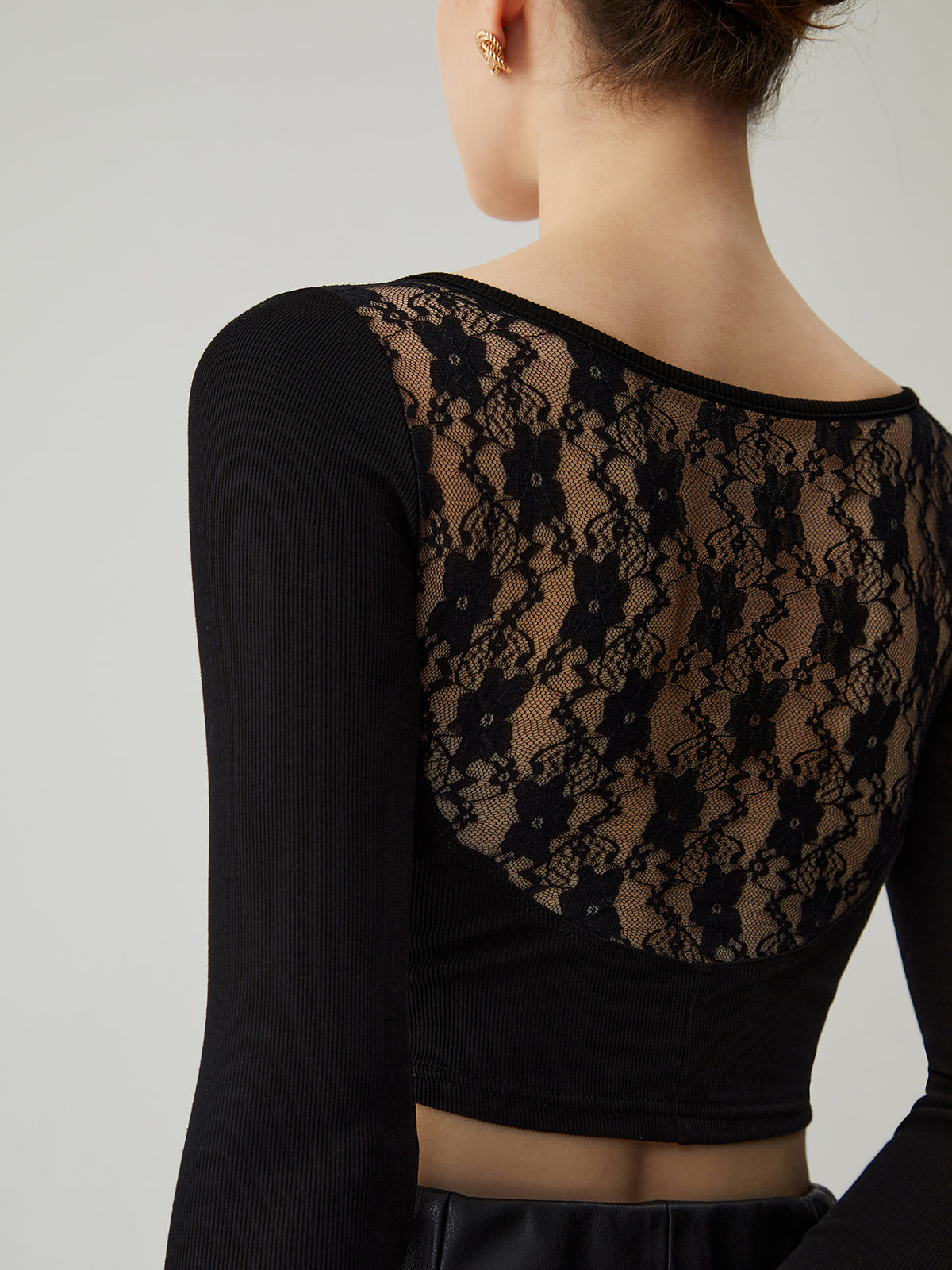 Patchwork Lace Back Ribbed Modern Knit Long Sleeve Crop Top