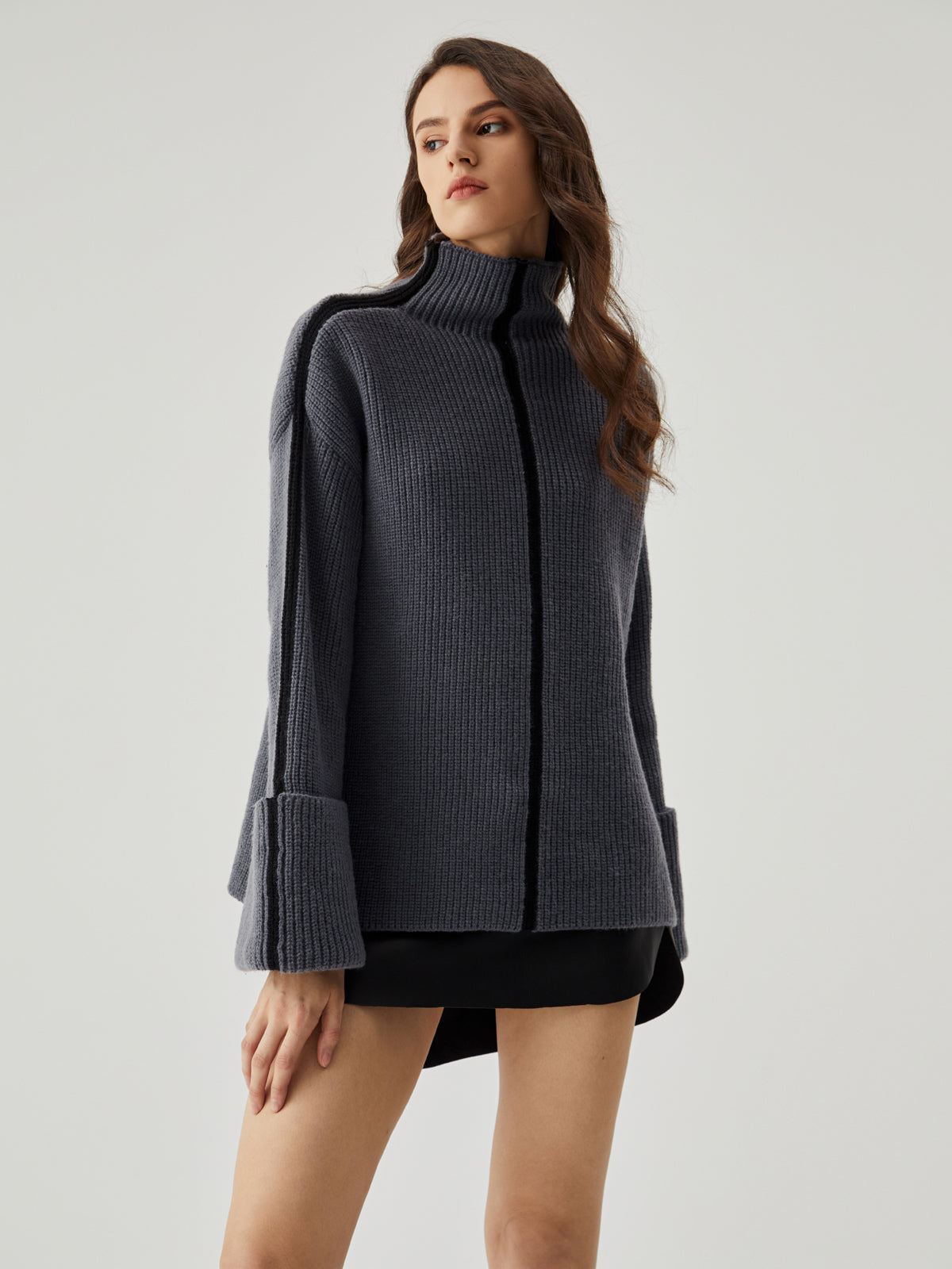 Contrast Trim Mock Trendy Neck Ribbed Knit Sweater